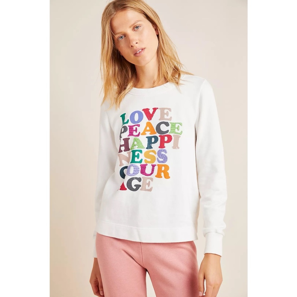 Anthropologie x Garima Dhawan Love‎ Peace Happiness Courage Sweatshirt in White